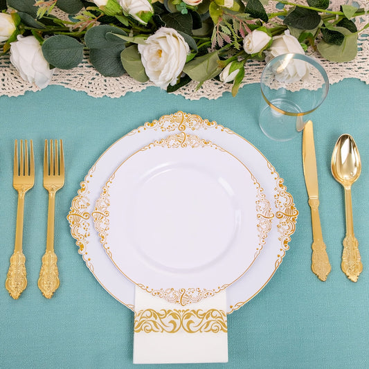 Elegant Gold Rim Plastic Dinnerware Set  50pcs Reusable
