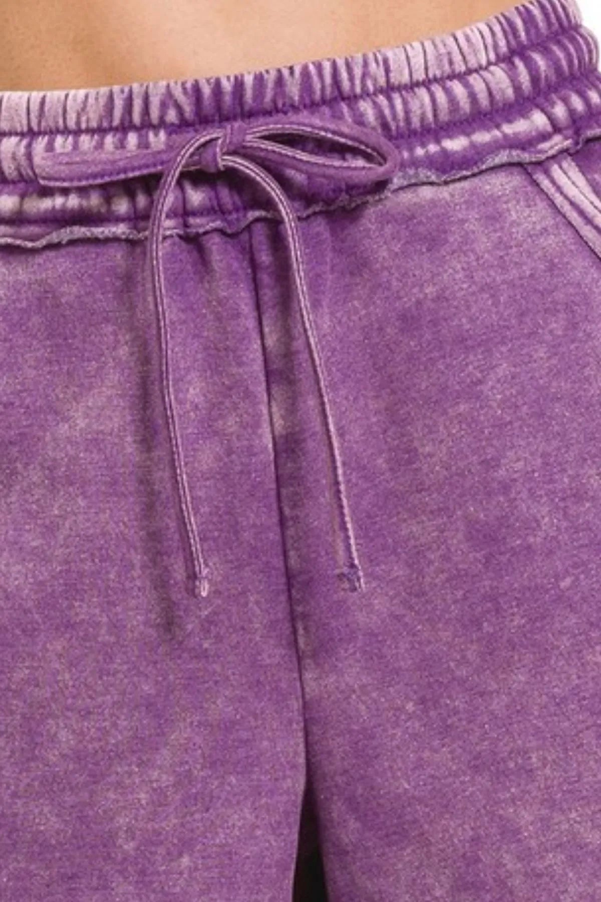 Zenana Acid Wash Fleece Drawstring Shorts With Pockets in Violet