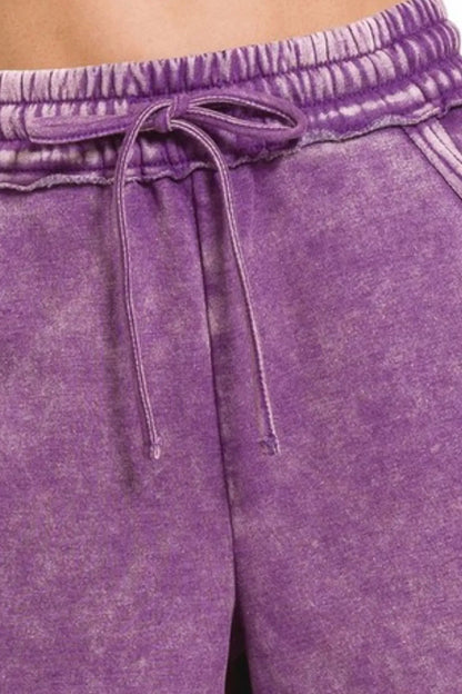Zenana Acid Wash Fleece Drawstring Shorts With Pockets in Violet