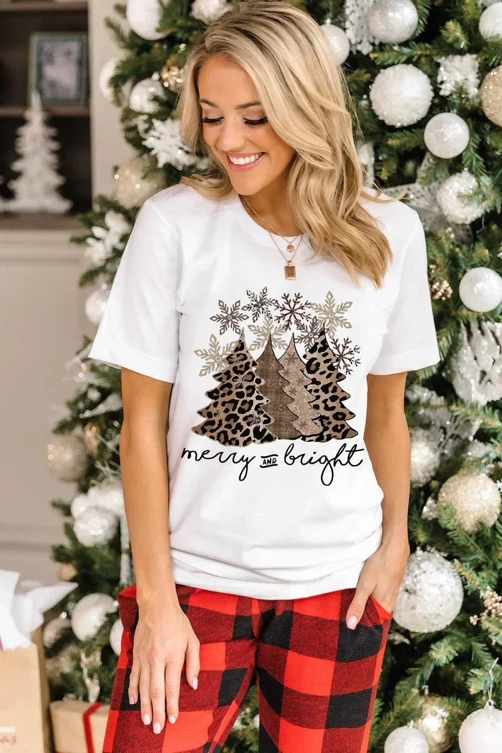 White Leopard Christmas Tree Graphic Tee – Festive & Fierce Crewneck