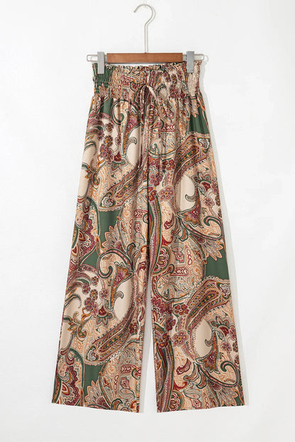 Khaki Paisley Print Boho Elastic Waist Wide Leg Pants