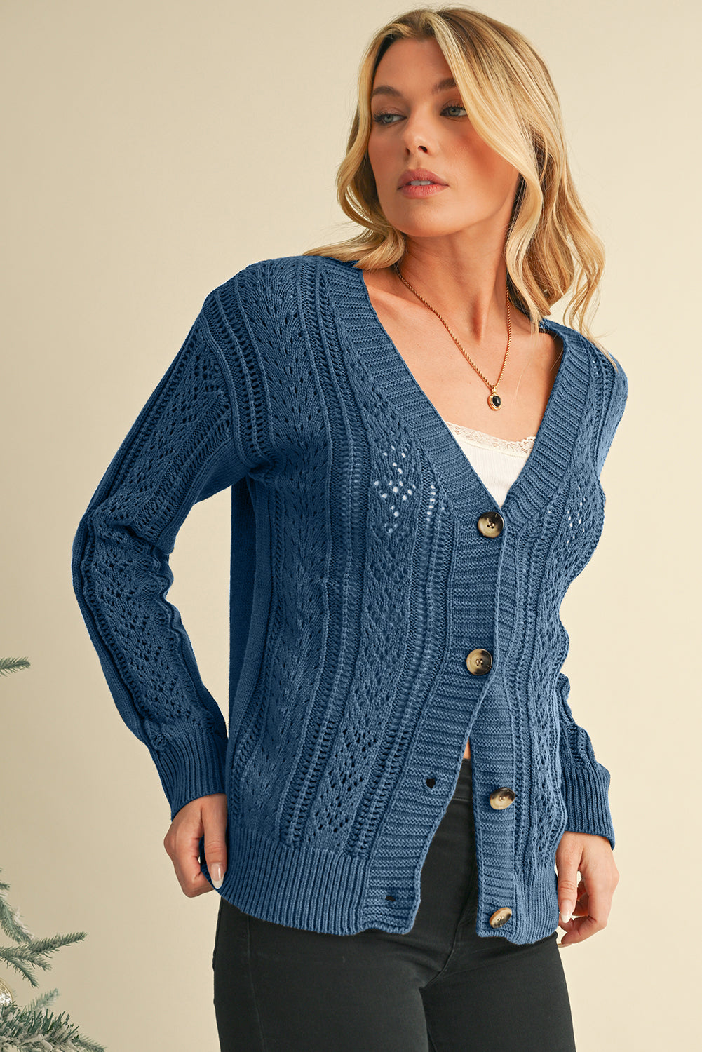 Dark Khaki Cardigan - Hollow Knit Drop Shoulder Style