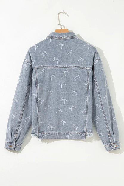 Sky Blue Bow Print Light Wash Raw Hem Denim Jacket