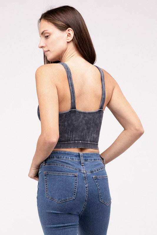 ZENANA Washed Ribbed Cropped V-Neck Tank Top