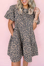 Brown Leopard Print Short Sleeve Flared Denim Mini Dress