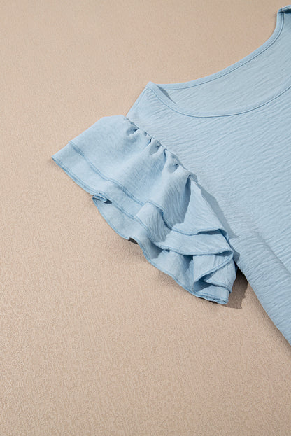 Aqua Ruffle Sleeve Blouse - Clearly Aqua Solid Color Crinkled Top