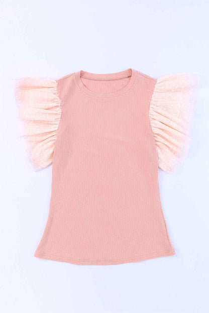Pink Ruffle Knit Blouse - Casual Dotty Layered Ruffle Ribbed Knit Women's Top