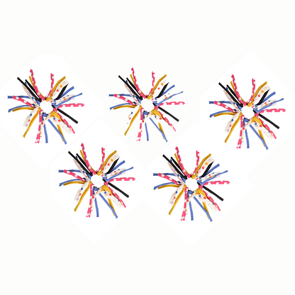 Colorful spiky hair accessories arranged symmetrically on a white background