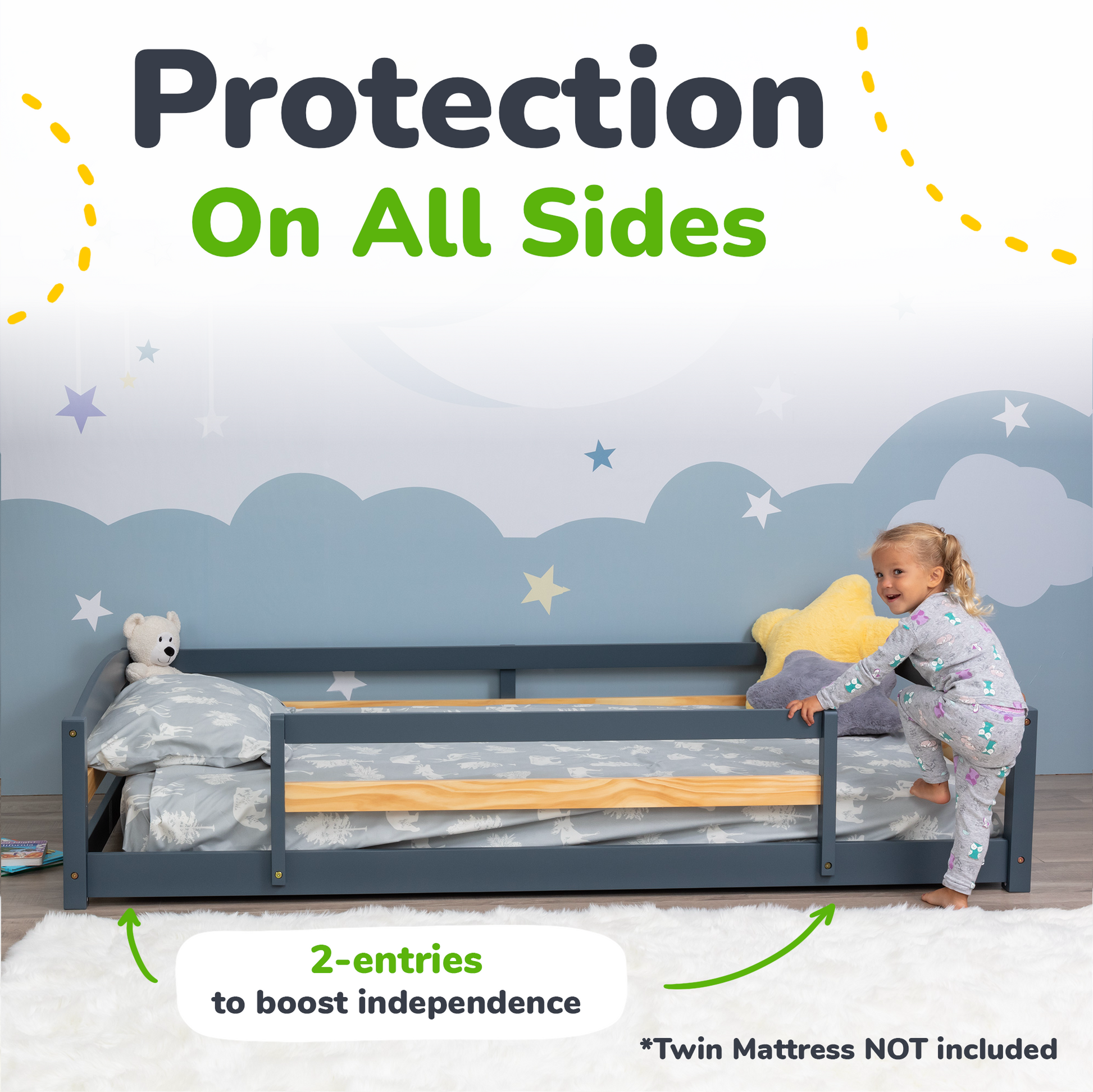 Child standing next to a bed with a safety rail, with text indicating 'Protection On All Sides' and '2-entries to boost independence'.