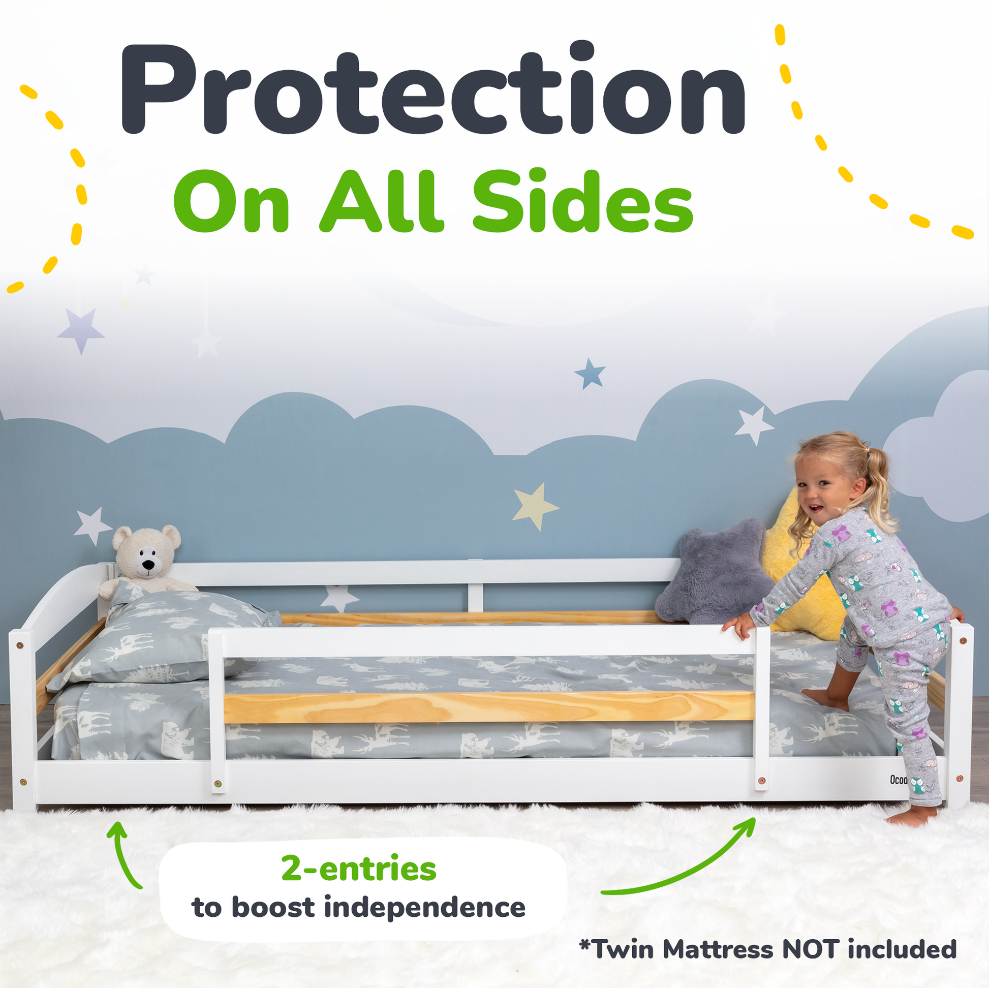 Child in pajamas standing next to a white bed with a mattress and rail, with text 'Protection On All Sides' and '2-entries to boost independence'.