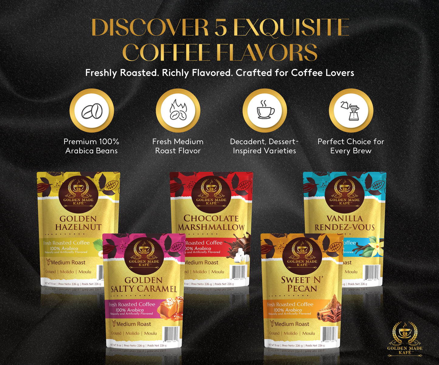 Promotional image of coffee packages with flavor descriptions on a dark background