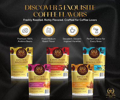 Promotional image of coffee packages with flavor descriptions on a dark background