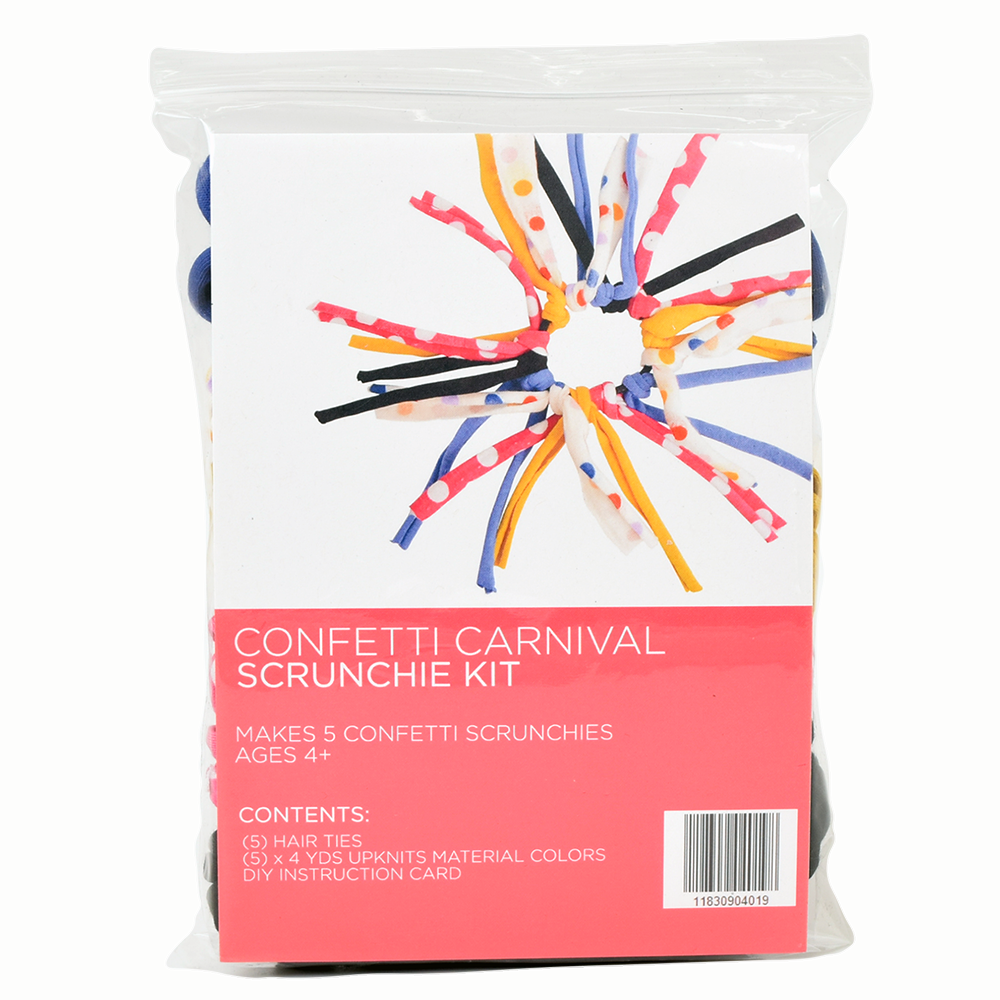 Packaged confetti carnival scrunchie kit with colorful scrunchies and branding on a white background.