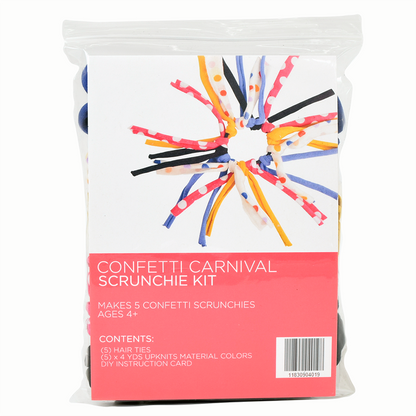 Packaged confetti carnival scrunchie kit with colorful scrunchies and branding on a white background.