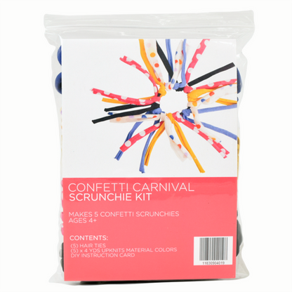 Packaging of an All-American Scrap Pack Scrunchie Kit with red, white, and blue confetti visible through the clear plastic.