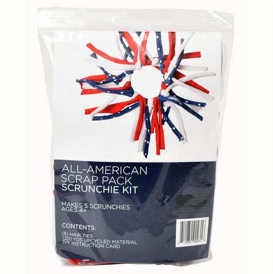 Packaging of an All-American Scrap Pack Scrunchie Kit with red, white, and blue confetti visible through the clear plastic.