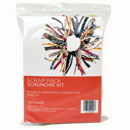 Packaging of an All-American Scrap Pack Scrunchie Kit with red, white, and blue confetti visible through the clear plastic.