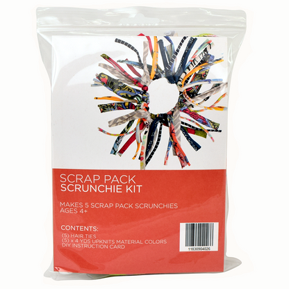 Scrap pack scrunchie kit packaging with colorful scrunchies and red label.
