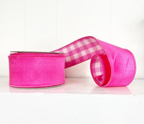 2.5"x 10YD Hot Pink Dupion and Gingham Wired Ribbon