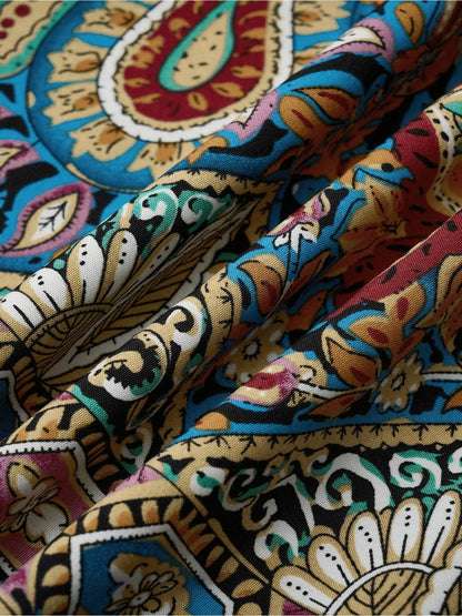 Women Print Maxi Dress with Tie Detail - High Waisted Cross Halter Neck, Flowing Teal & Brown Paisley Vacation Gown, Machine Washable Summer Fashion