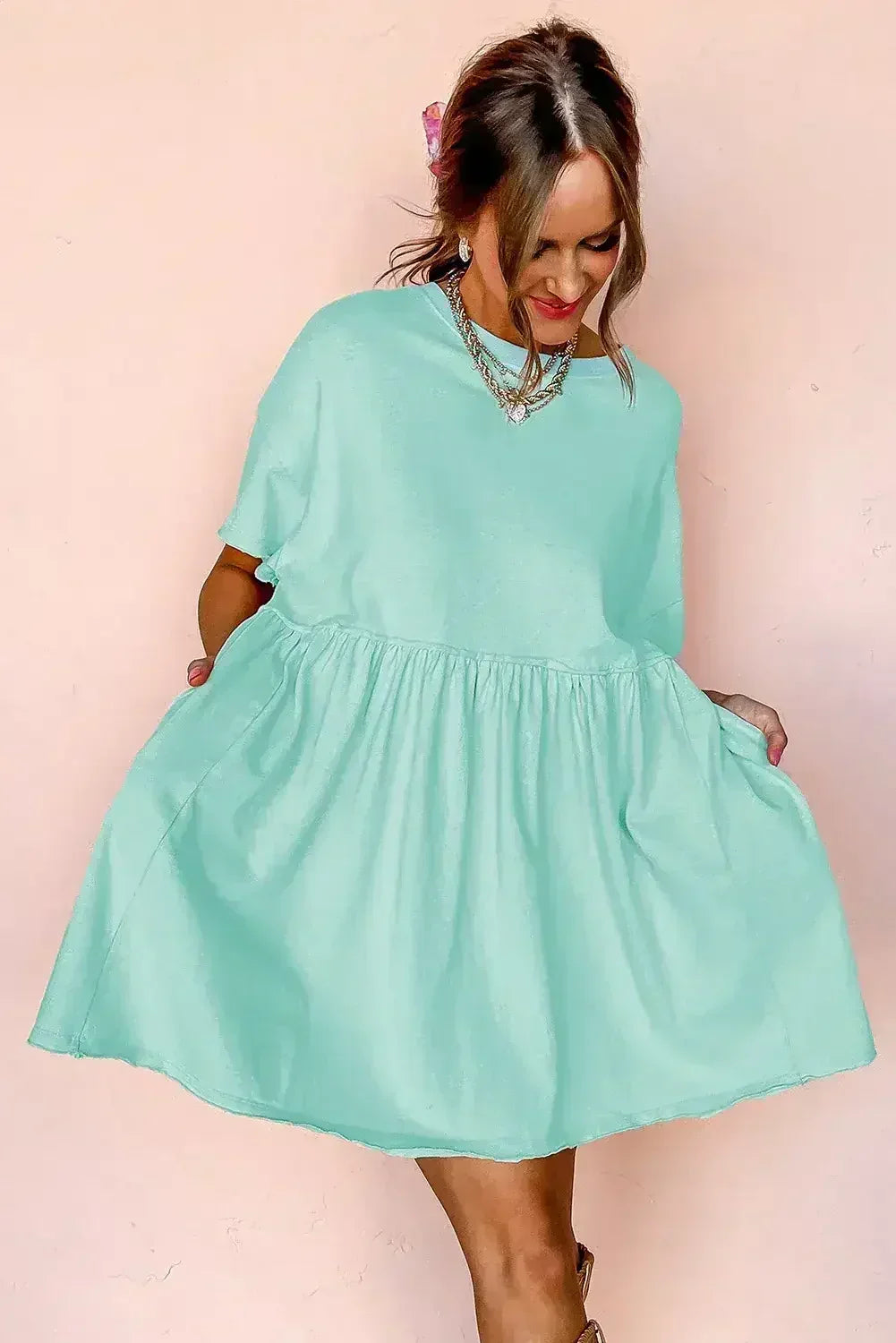 Sky Blue Solid Color Pocket Raw Edge Babydoll Dress
