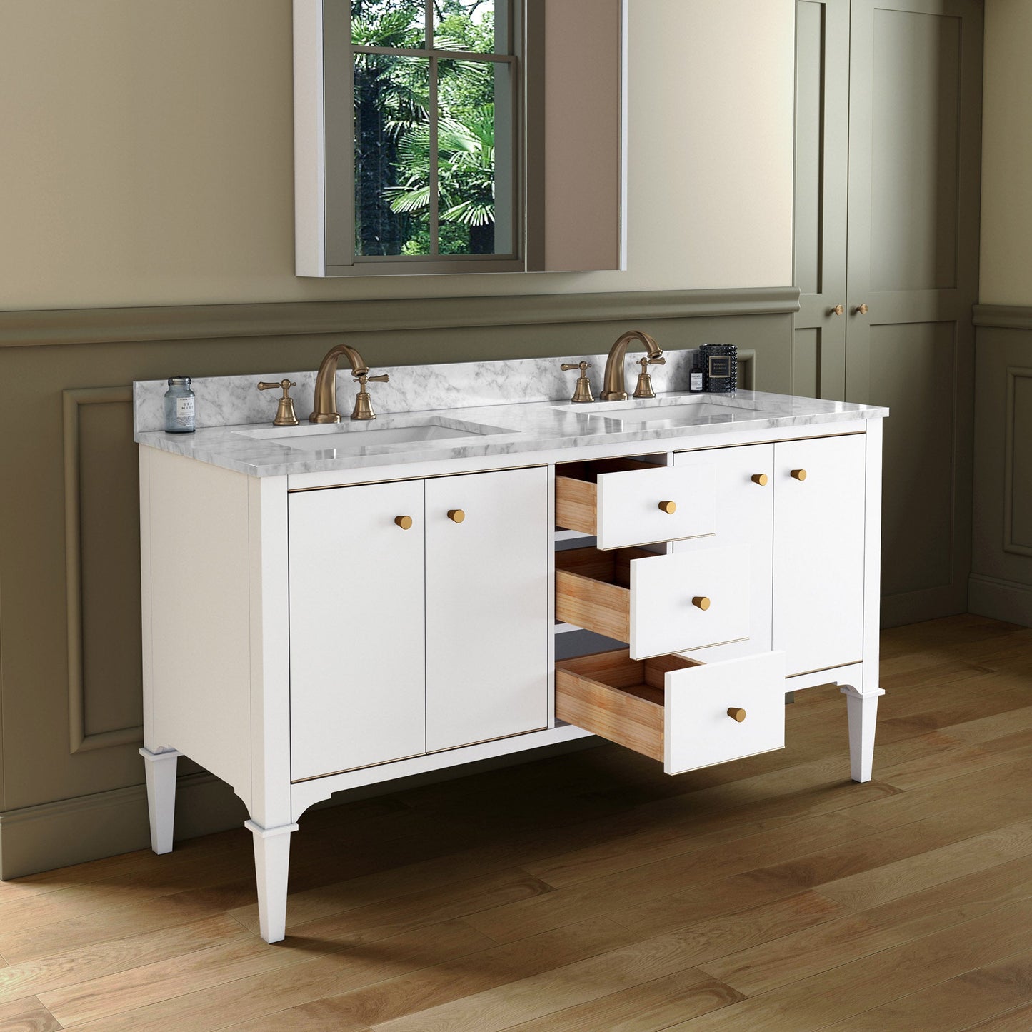 WOODBRIDGE Roma 61"x22"x38" Solid Wood Bath Vanity in Espresso with Gold Hardware and Carrara Marble Top with Pre-Drilled Hole for Single Hole Faucet, Roma-6021-Espresso+CAVT6122D-8