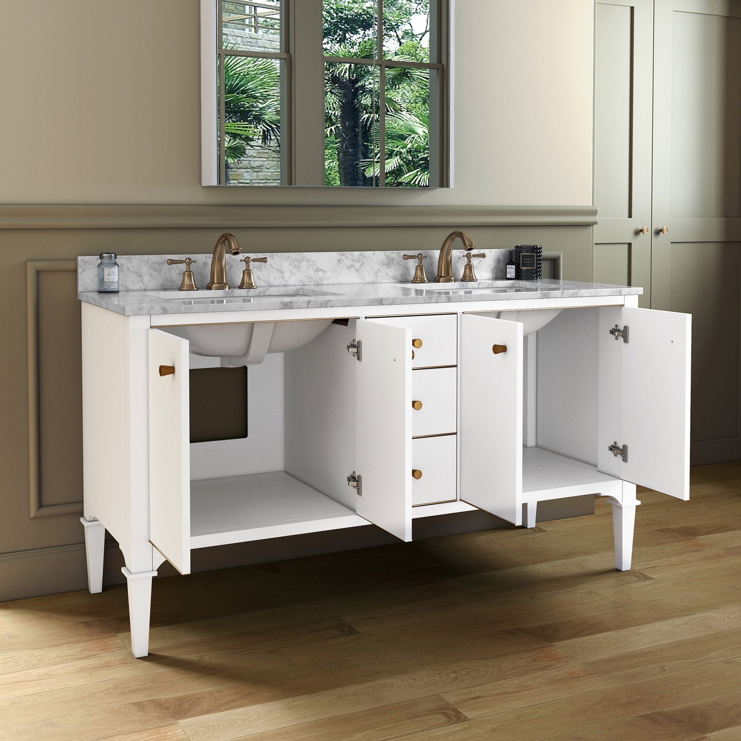 WOODBRIDGE Roma 61"x22"x38" Solid Wood Bath Vanity in Espresso with Gold Hardware and Carrara Marble Top with Pre-Drilled Hole for Single Hole Faucet, Roma-6021-Espresso+CAVT6122D-8