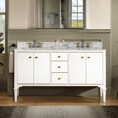 WOODBRIDGE Roma 61"x22"x38" Solid Wood Bath Vanity in Espresso with Gold Hardware and Carrara Marble Top with Pre-Drilled Hole for Single Hole Faucet, Roma-6021-Espresso+CAVT6122D-8