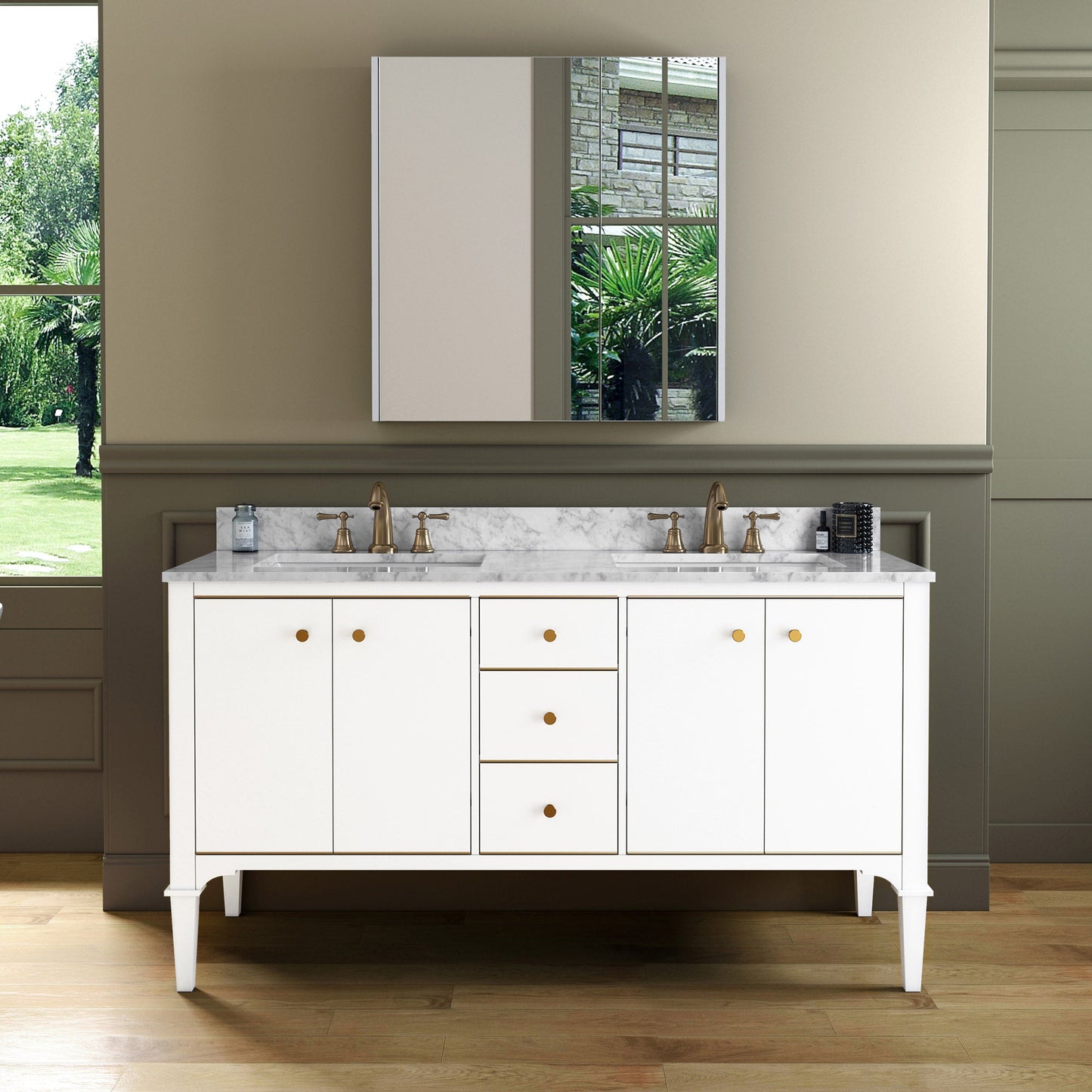 WOODBRIDGE Roma 61"x22"x38" Solid Wood Bath Vanity in Espresso with Gold Hardware and Carrara Marble Top with Pre-Drilled Hole for Single Hole Faucet, Roma-6021-Espresso+CAVT6122D-8