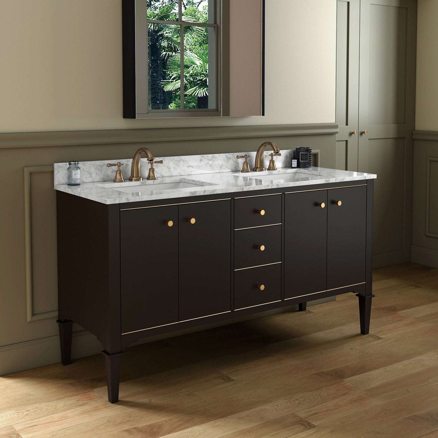 WOODBRIDGE Roma 61"x22"x38" Solid Wood Bath Vanity in Espresso with Gold Hardware and Carrara Marble Top with Pre-Drilled Hole for Single Hole Faucet, Roma-6021-Espresso+CAVT6122D-8