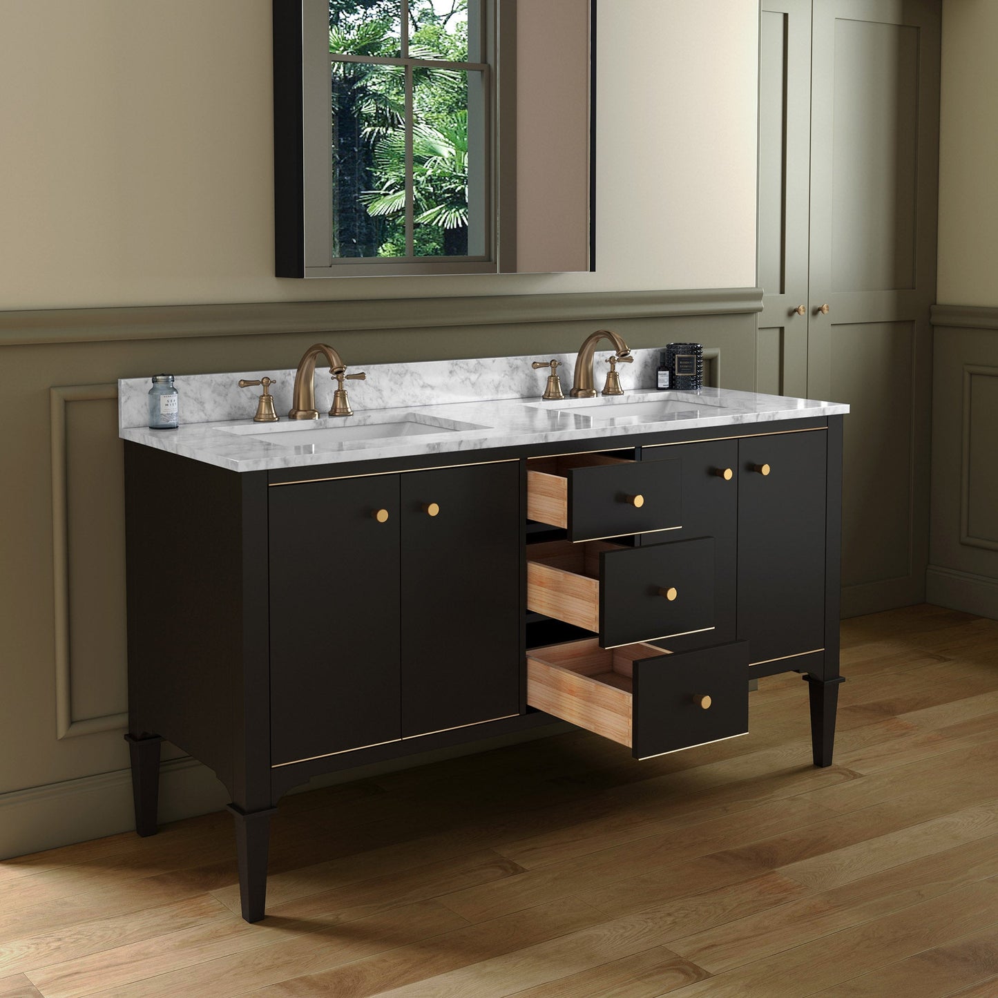 WOODBRIDGE Roma 61"x22"x38" Solid Wood Bath Vanity in Espresso with Gold Hardware and Carrara Marble Top with Pre-Drilled Hole for Single Hole Faucet, Roma-6021-Espresso+CAVT6122D-8