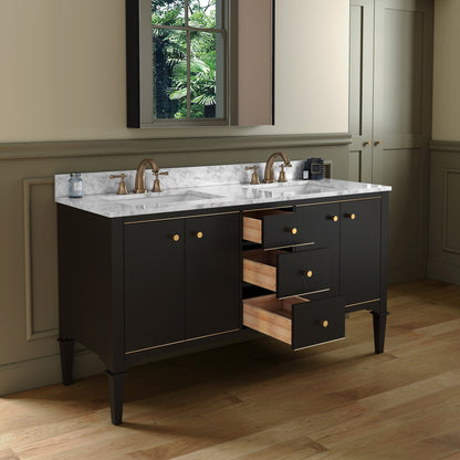 WOODBRIDGE Roma 61"x22"x38" Solid Wood Bath Vanity in Espresso with Gold Hardware and Carrara Marble Top with Pre-Drilled Hole for Single Hole Faucet, Roma-6021-Espresso+CAVT6122D-8