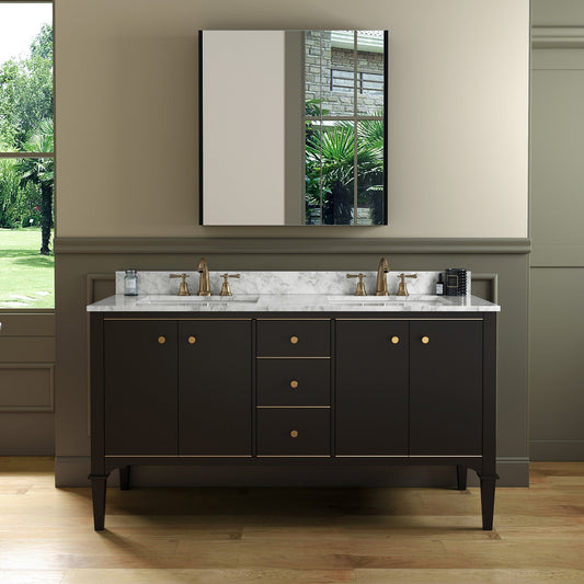 WOODBRIDGE Roma 61"x22"x38" Solid Wood Bath Vanity in Espresso with Gold Hardware and Carrara Marble Top with Pre-Drilled Hole for Single Hole Faucet, Roma-6021-Espresso+CAVT6122D-8