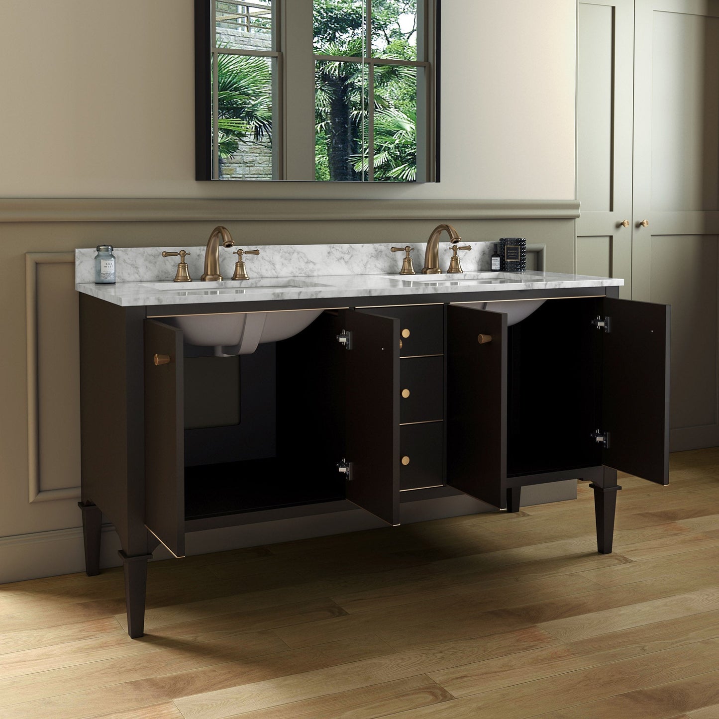 WOODBRIDGE Roma 61"x22"x38" Solid Wood Bath Vanity in Espresso with Gold Hardware and Carrara Marble Top with Pre-Drilled Hole for Single Hole Faucet, Roma-6021-Espresso+CAVT6122D-8