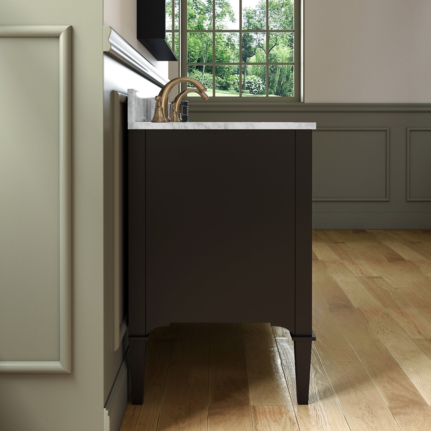 WOODBRIDGE Roma 61"x22"x38" Solid Wood Bath Vanity in Espresso with Gold Hardware and Carrara Marble Top with Pre-Drilled Hole for Single Hole Faucet, Roma-6021-Espresso+CAVT6122D-8