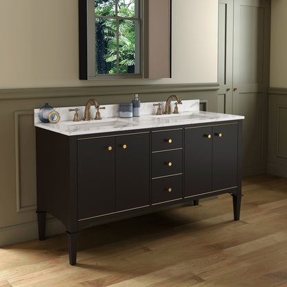 WOODBRIDGE Roma 61"x22"x38" Solid Wood Bath Vanity in Espresso with Gold Hardware and Fish Belly Engineered Stone Composite vanity top with 3 Pre-Drilled Holes, Roma-6021-Espresso+FBVT6122D-8