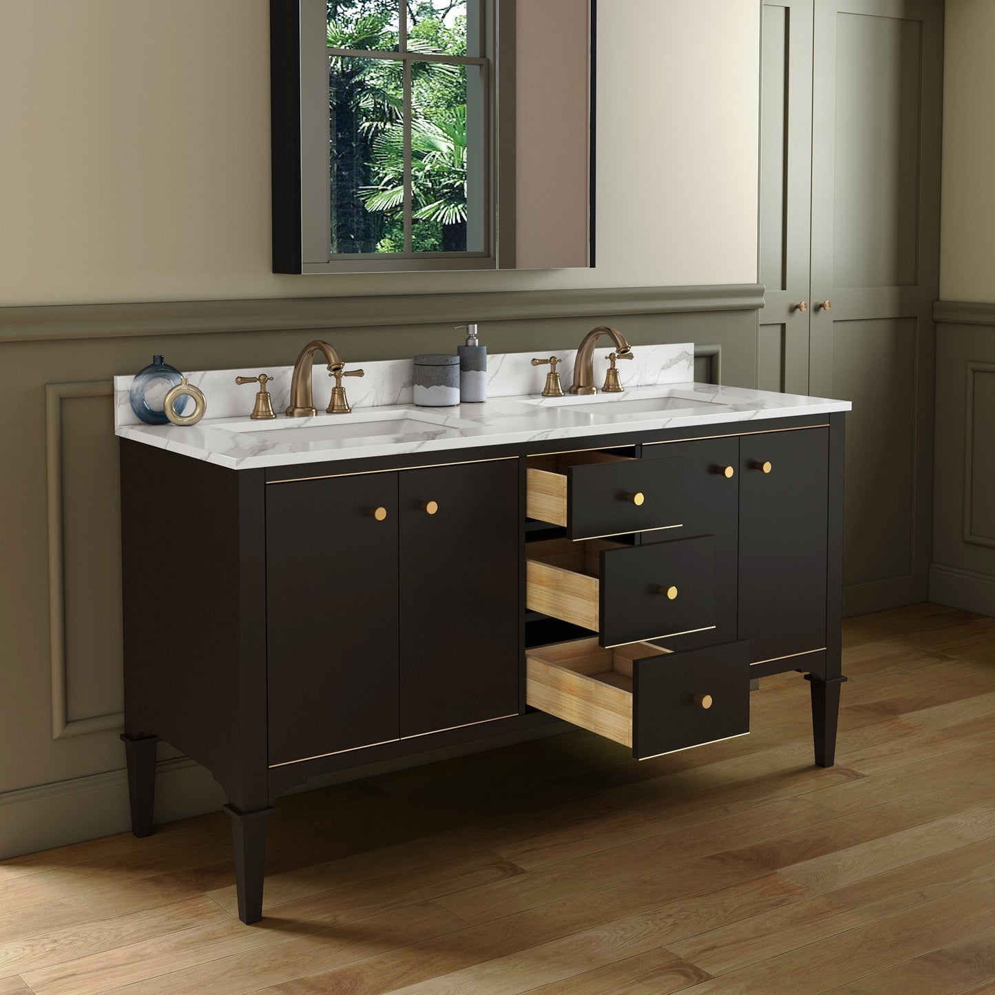 WOODBRIDGE Roma 61"x22"x38" Solid Wood Bath Vanity in Espresso with Gold Hardware and Fish Belly Engineered Stone Composite vanity top with 3 Pre-Drilled Holes, Roma-6021-Espresso+FBVT6122D-8