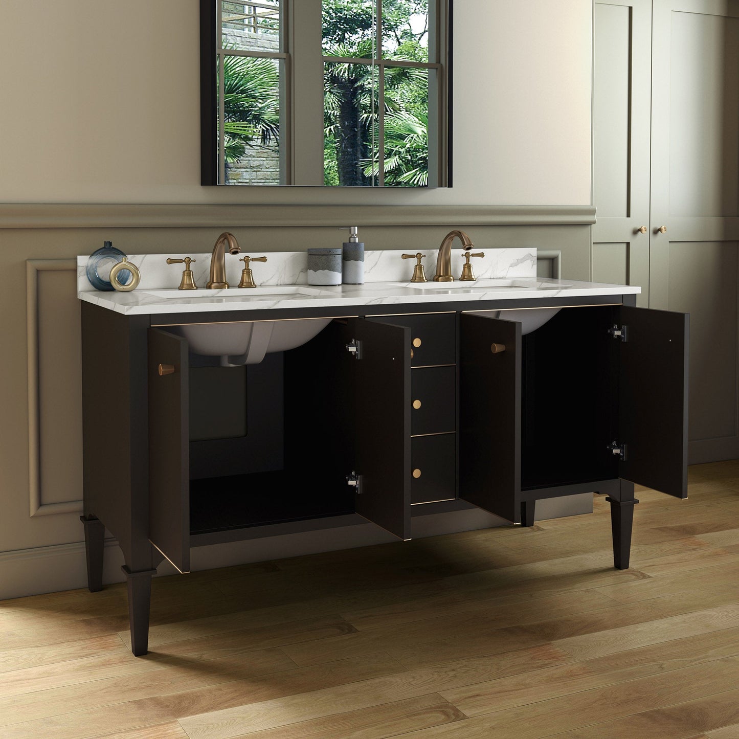 WOODBRIDGE Roma 61"x22"x38" Solid Wood Bath Vanity in Espresso with Gold Hardware and Fish Belly Engineered Stone Composite vanity top with 3 Pre-Drilled Holes, Roma-6021-Espresso+FBVT6122D-8