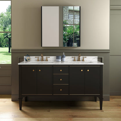 WOODBRIDGE Roma 61"x22"x38" Solid Wood Bath Vanity in Espresso with Gold Hardware and Fish Belly Engineered Stone Composite vanity top with 3 Pre-Drilled Holes, Roma-6021-Espresso+FBVT6122D-8