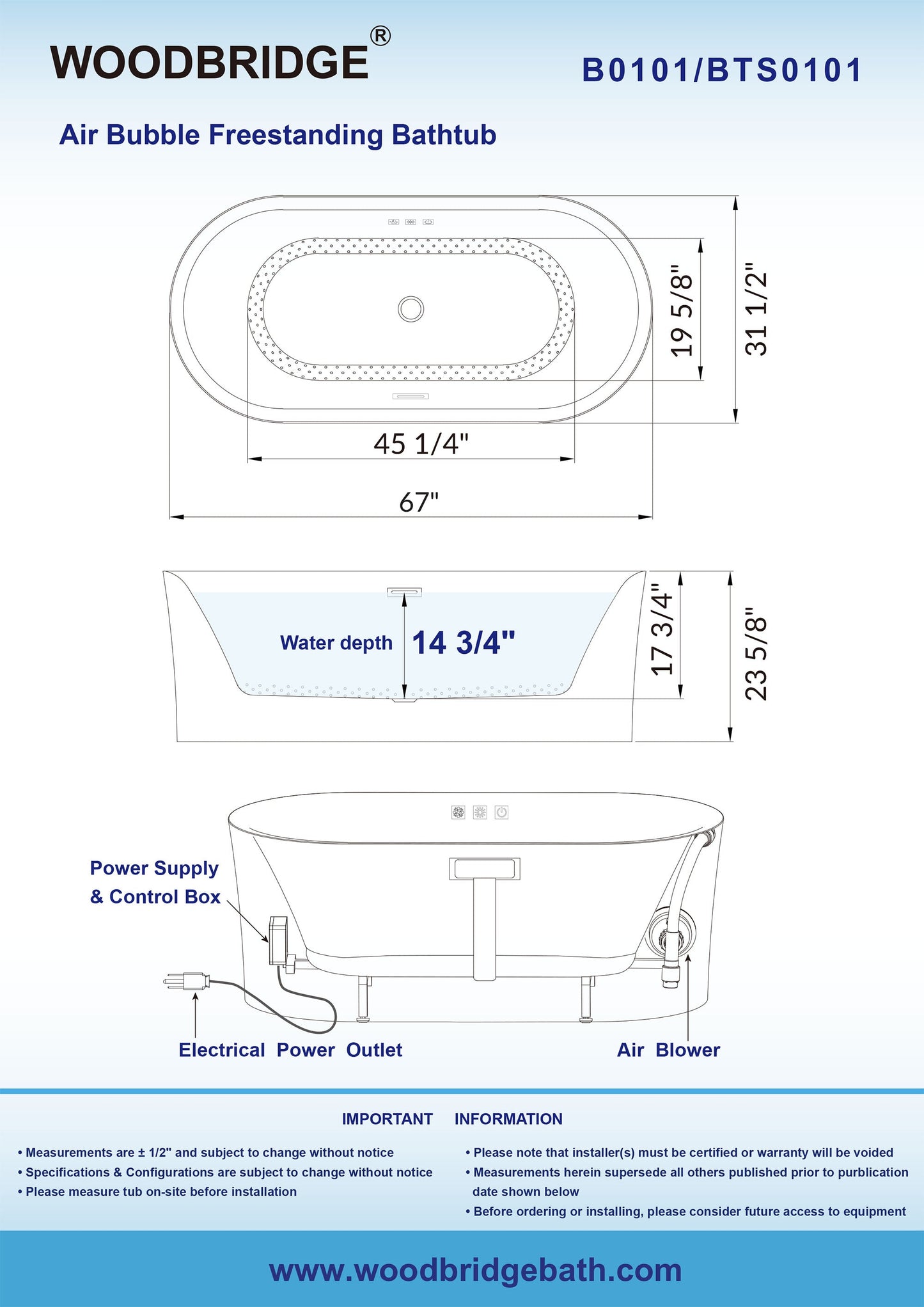 WOODBRIDGE 67" Contemporary Freestanding Acrylic Air Bubble Soaking Bathtub