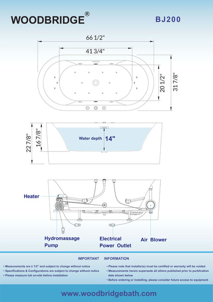 WOODBRIDGE 66-1/2" x 31-7/8" Whirlpool Water Jetted and Air Bubble Freestanding Heated Soaking Combination Bathtub, BJ200