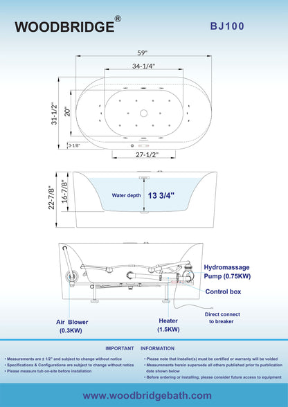 WOODBRIDGE 59" x 31-1/2" Whirlpool Water Jetted and Air Bubble Freestanding Heated Soaking Combination Bathtub with LED control panel