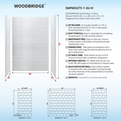 WOODBRIDGE Solid Surface 60" W x 75" H Tile Tub and Shower Wall Panel Surround, Quick Install, Cuttable, Staggered Brick Pattern