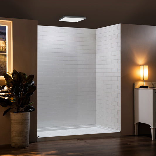 WOODBRIDGE Solid Surface 60" W x 75" H Tile Tub and Shower Wall Panel Surround, Quick Install, Cuttable, Staggered Brick Pattern