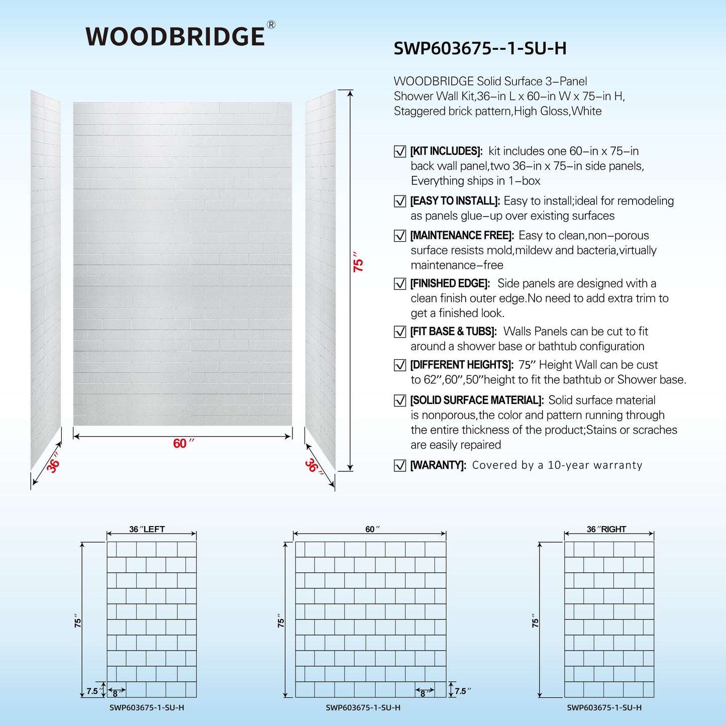 WOODBRIDGE Solid Surface 60" W x 75" H Tile Tub and Shower Wall Panel Surround, Quick Install, Cuttable, Staggered Brick Pattern