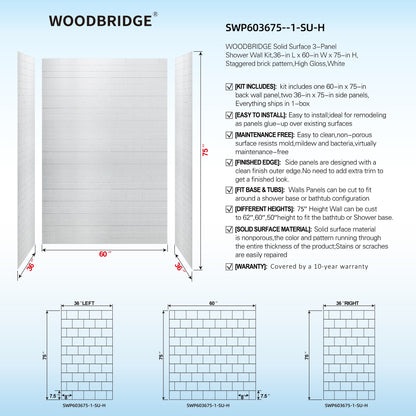 WOODBRIDGE Solid Surface 60" W x 75" H Tile Tub and Shower Wall Panel Surround, Quick Install, Cuttable, Staggered Brick Pattern