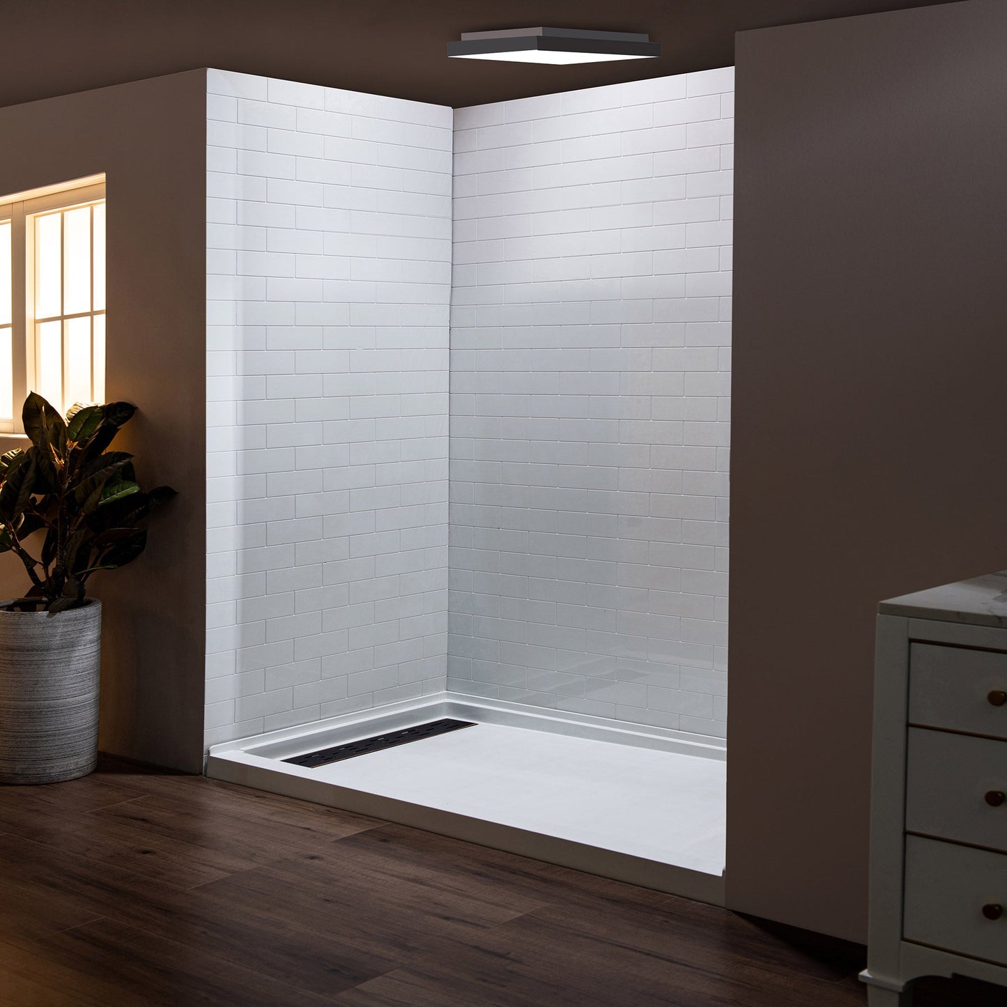WOODBRIDGE Solid Surface 60" W x 75" H Tile Tub and Shower Wall Panel Surround, Quick Install, Cuttable, Staggered Brick Pattern