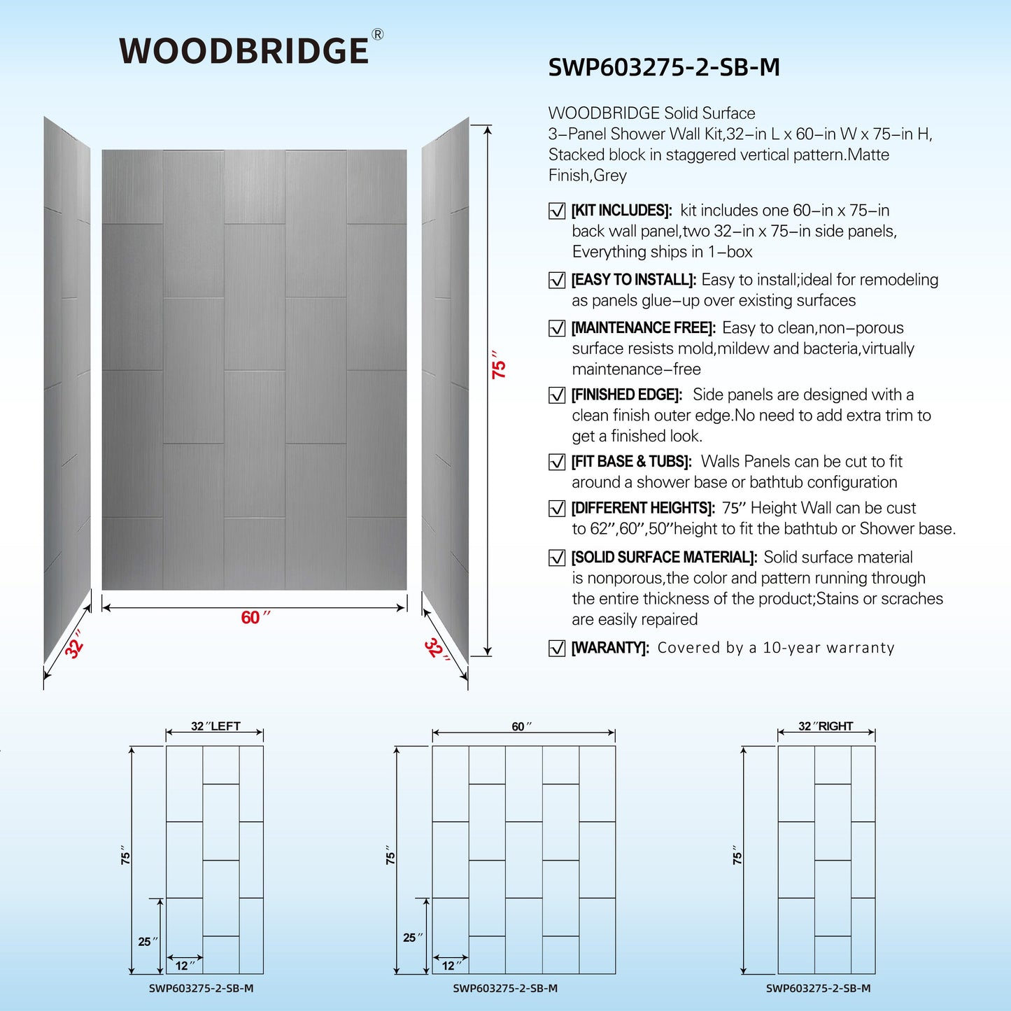 WOODBRIDGE Solid Surface 60" W x 75" H Tile Tub and Shower Wall Panel Surround, Quick Install, Cuttable, Stacked Block in a Staggered Vertical Pattern