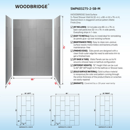 WOODBRIDGE Solid Surface 60" W x 75" H Tile Tub and Shower Wall Panel Surround, Quick Install, Cuttable, Stacked Block in a Staggered Vertical Pattern
