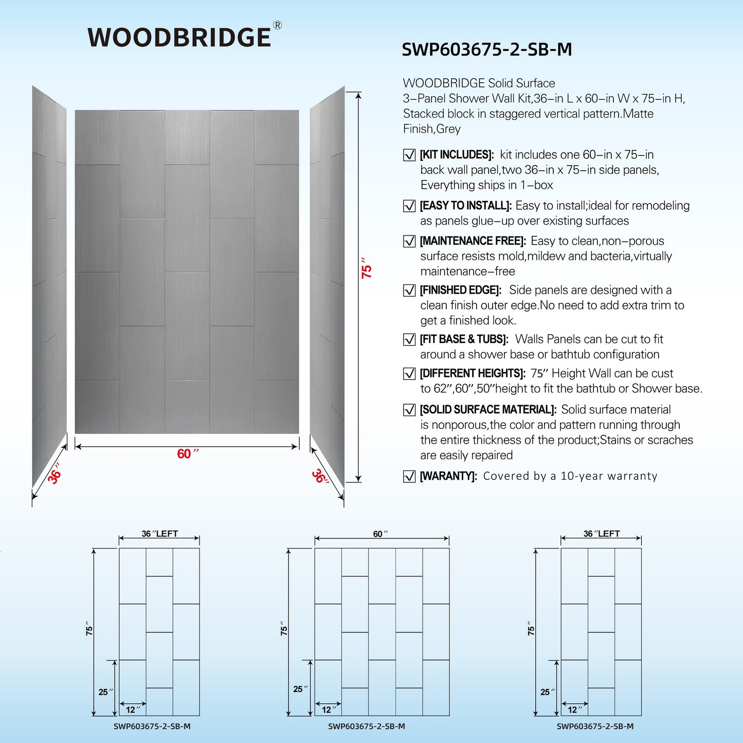 WOODBRIDGE Solid Surface 60" W x 75" H Tile Tub and Shower Wall Panel Surround, Quick Install, Cuttable, Stacked Block in a Staggered Vertical Pattern